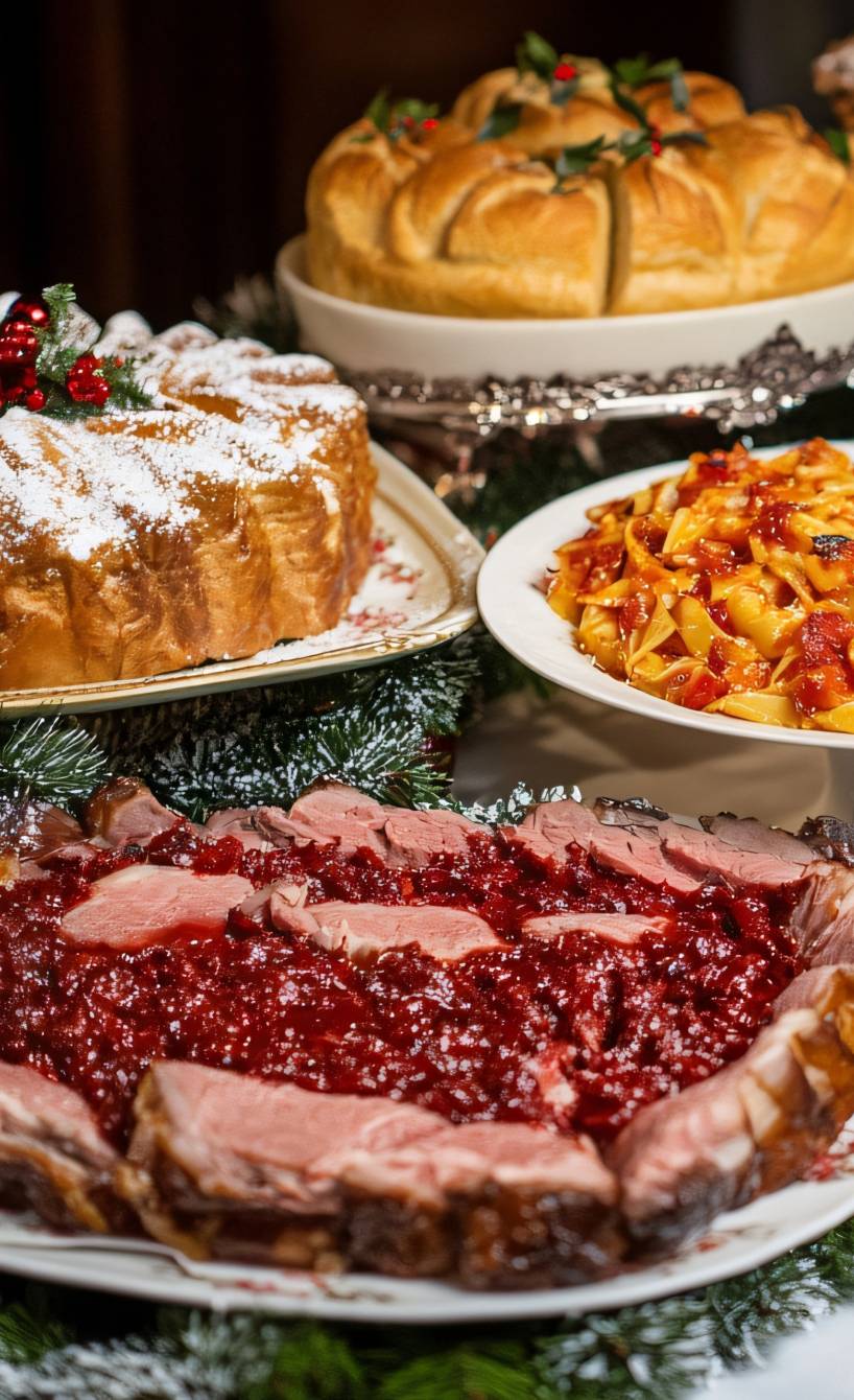 Verschiedene italienische Weihnachtsgerichte auf einem großen, festlich dekorierten Tisch