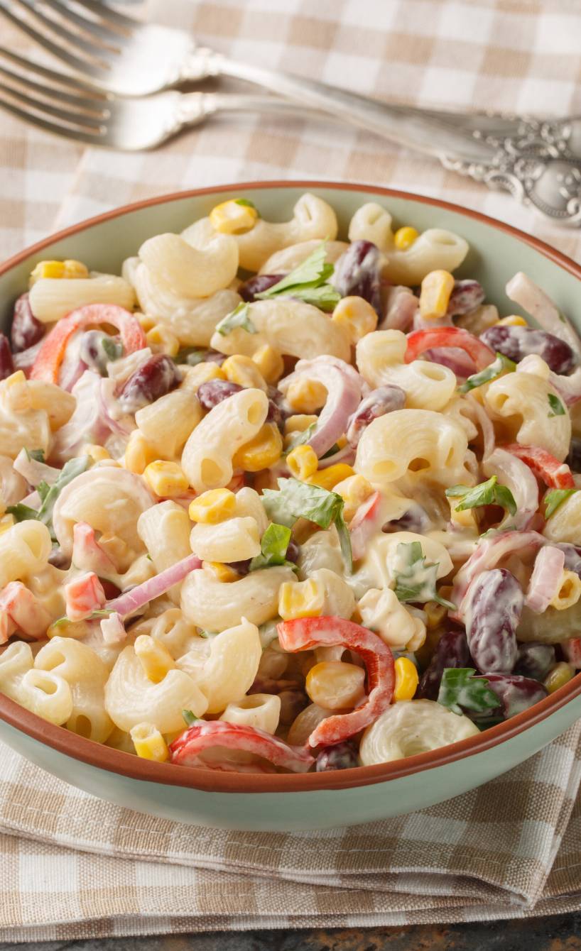 Pastasalat mit Mayonnaise in einer Salatschüssel auf einem Tisch