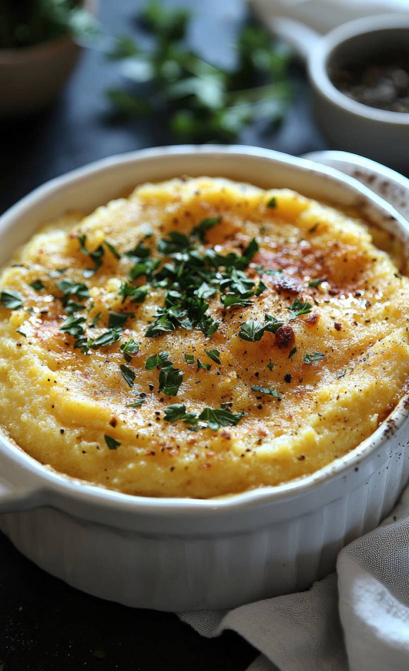 Polenta concia in einer runden Auflaufform getoppt mit frischen Kräutern