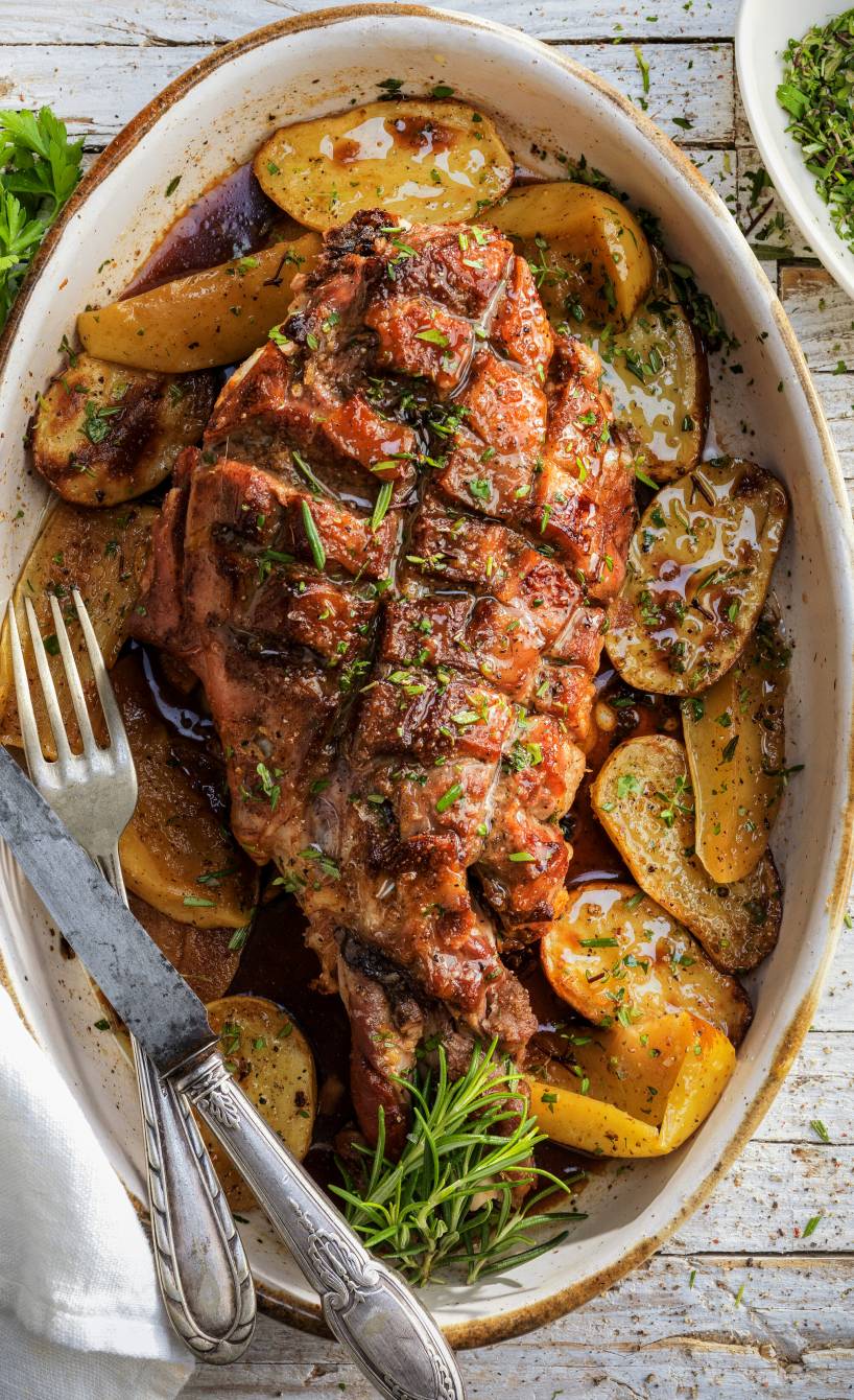 Spanferkel und Kartoffeln in einer Auflaufform dekoriert mit italienischen Kräutern auf einem Tisch