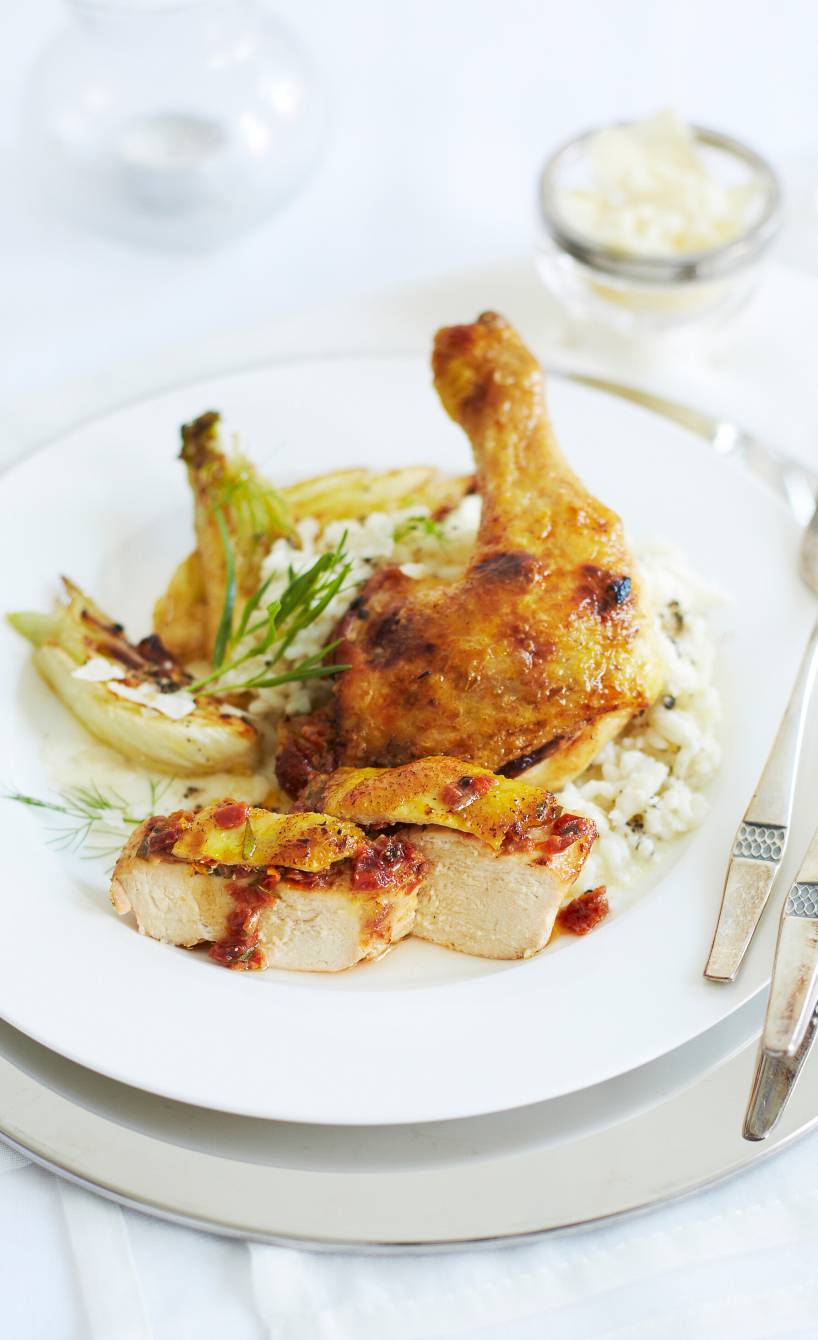 Poularde mit Tomaten-Estragonbutter, Risotto und Fenchel