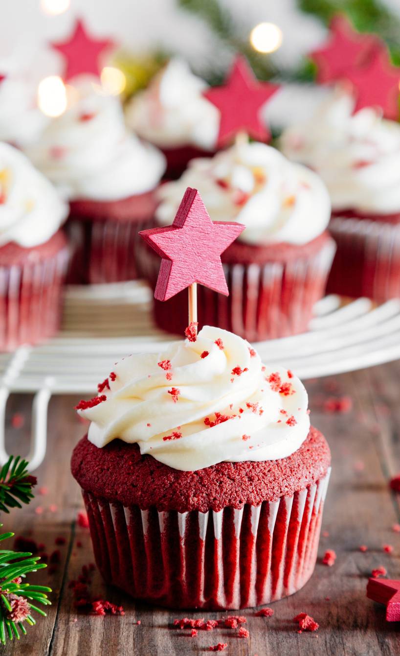 Red Velvet Weihnachtsmuffins mit Frischkäse-Topping auf einer Tortenplatte auf einem festlich dekorierten Tisch