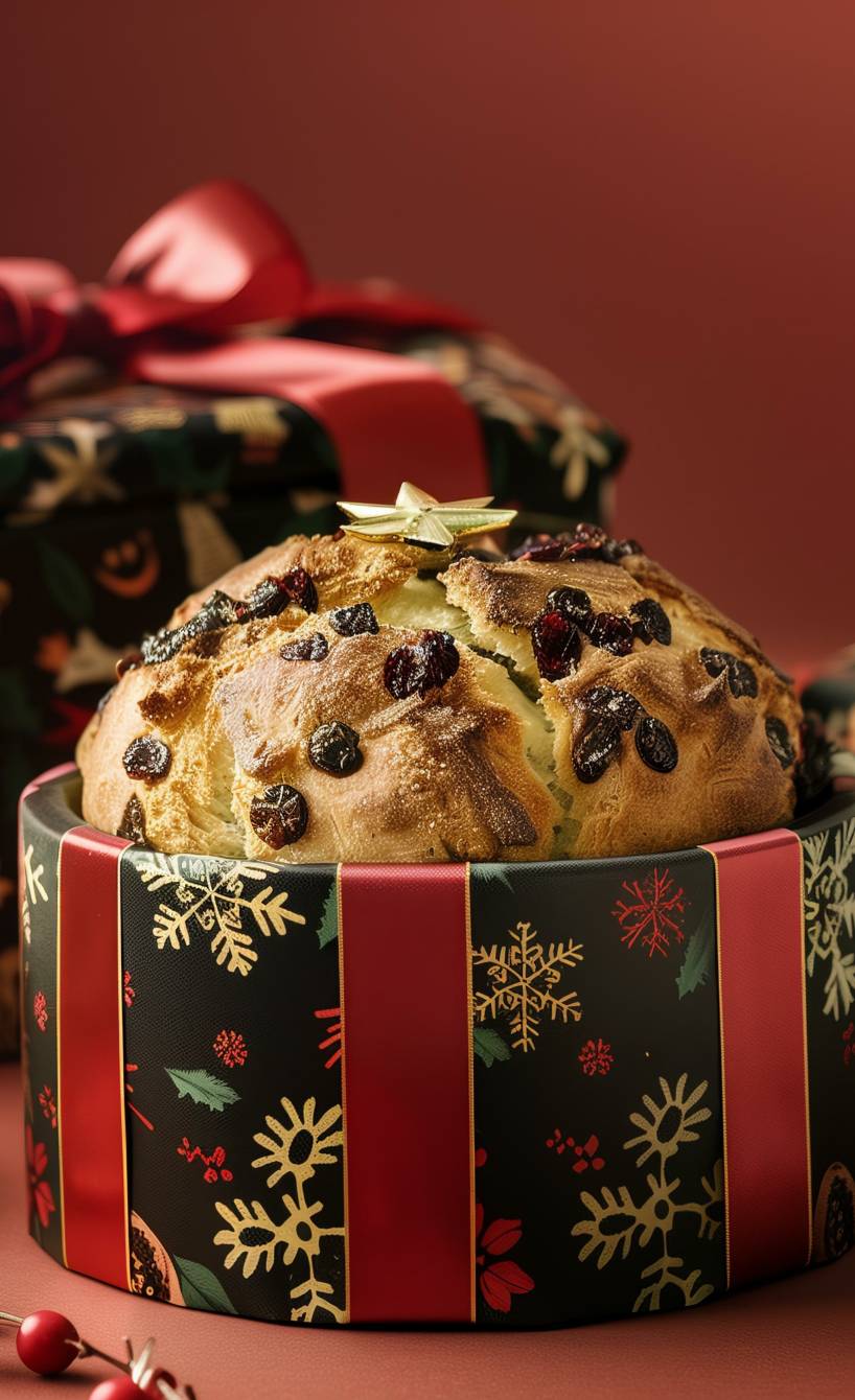 Selbst gebackene Panettone in einer weihnachtlichen Geschenkschachtel auf einem Tisch