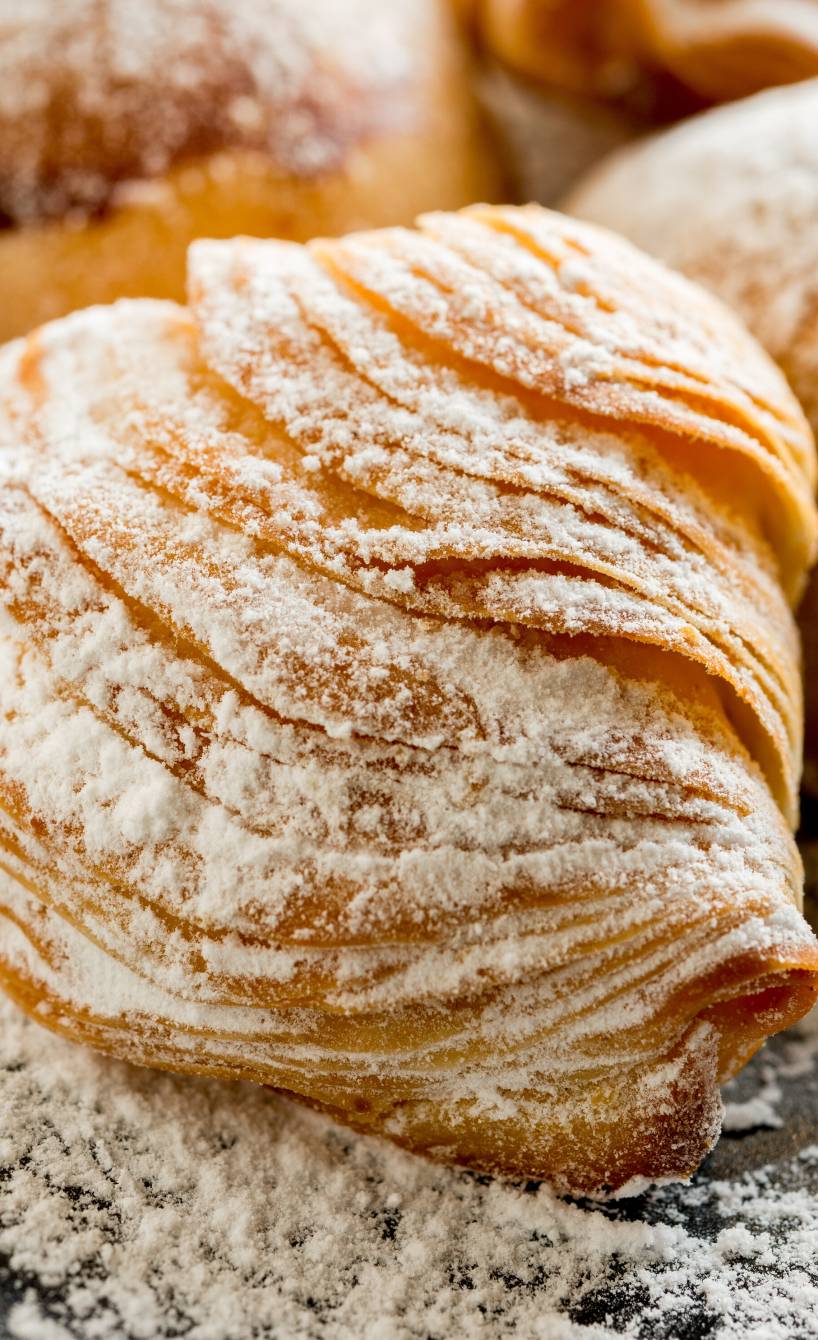 Sfogliatelle mit Puderzucker bestäubt im close up