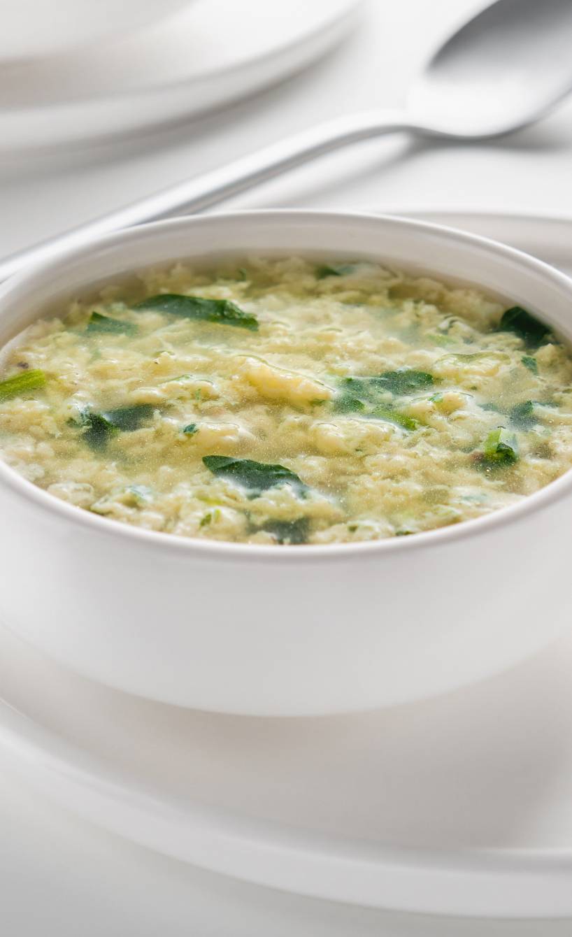 Stracciatella alla Romana in einer Suppenterrine auf einem Tisch