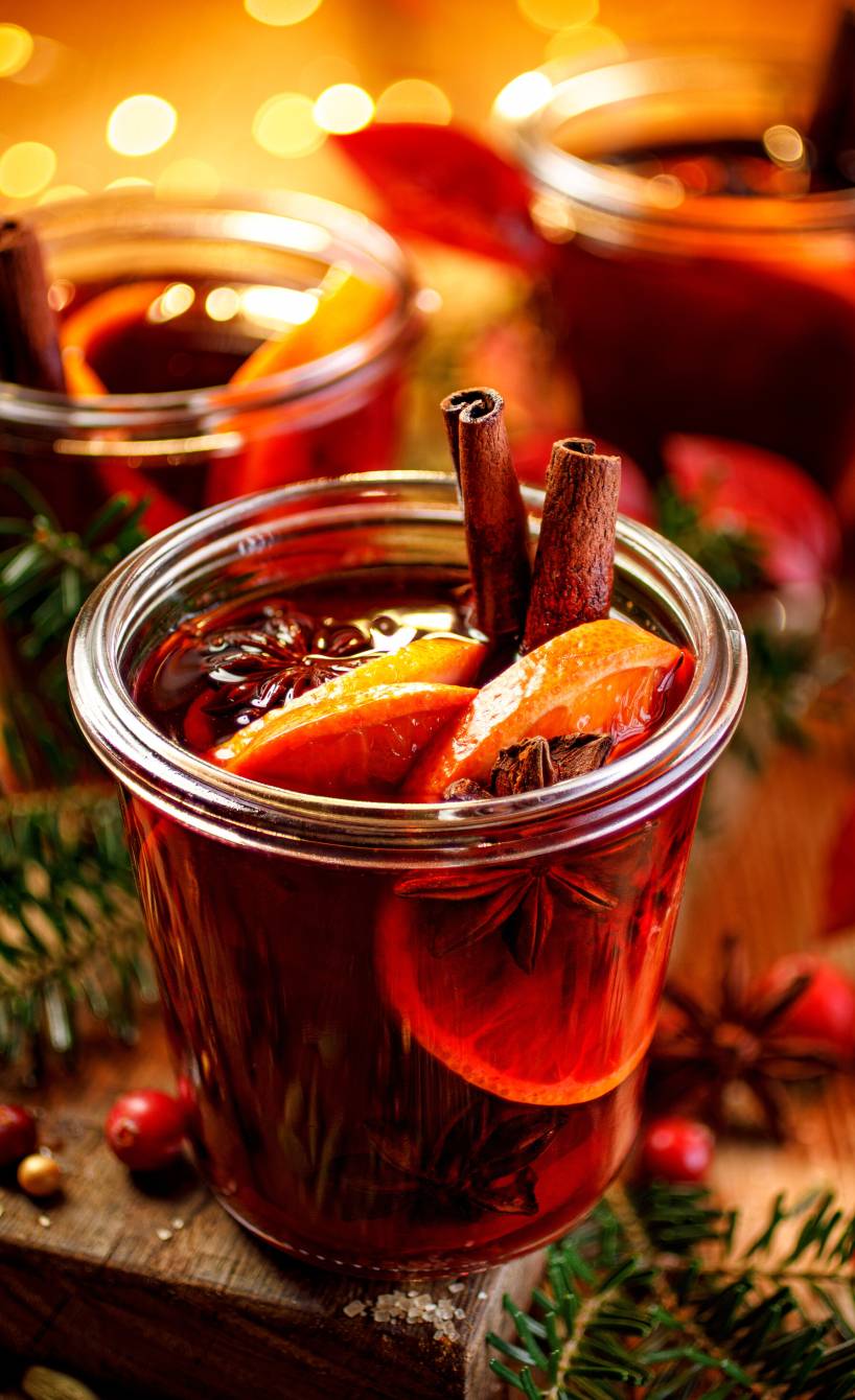 Vin Brulé: Italienischer Glühwein in drei Gläsern auf einem weihnachtlich dekorierten Tisch
