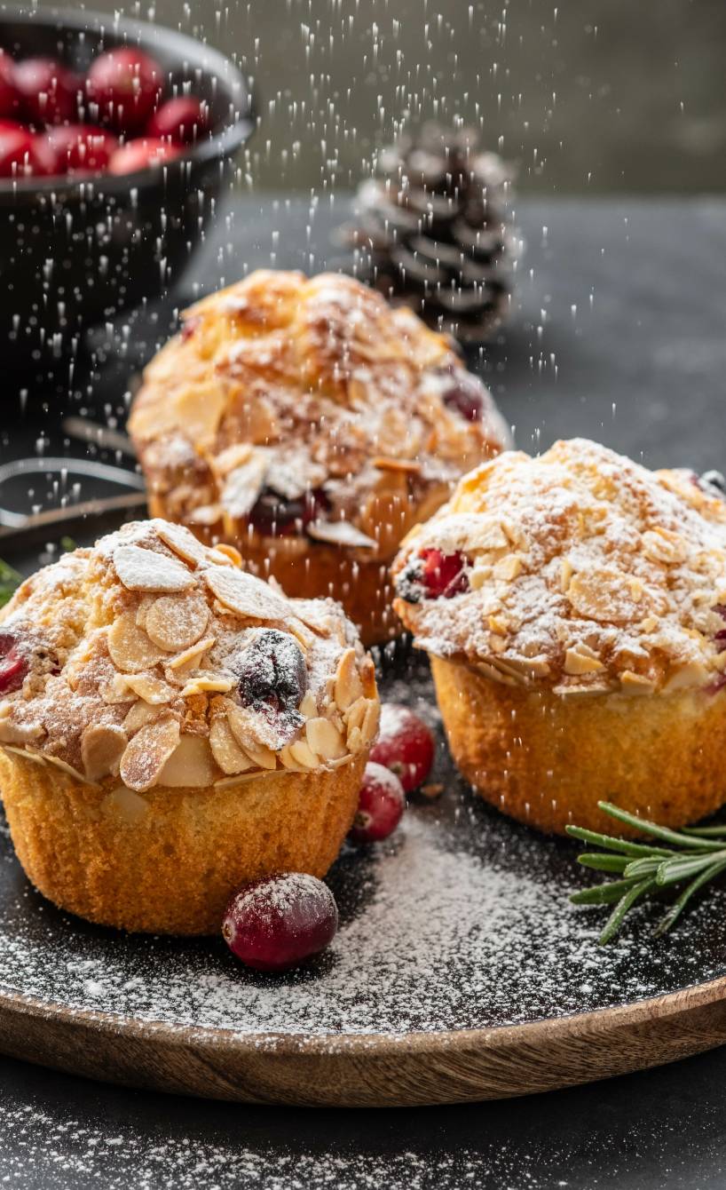 Weihnachtliche Muffins mit Cranberry, Rosmarin & Mandeln auf einem schwarzen Teller werden gerade mit Puderzucker bestäubt