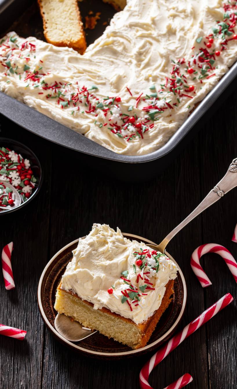 Angeschnittener Weihnachtskuchen auf einem Backblech, davor ein Stück auf einem Kuchenteller