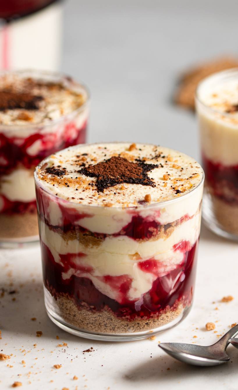 Weihnachtstiramisu in drei Gläser gefüllt, daneben Spekulatius und Zimt auf einem Tisch