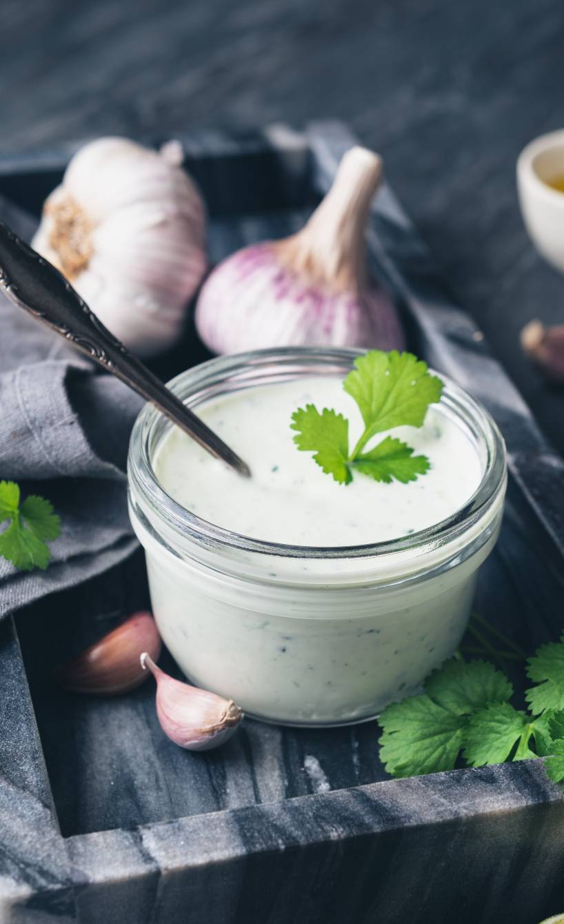 Joghurtdip in einem Glasbescher, daneben Knoblauch, Olivenöl, Minze und Zitrone