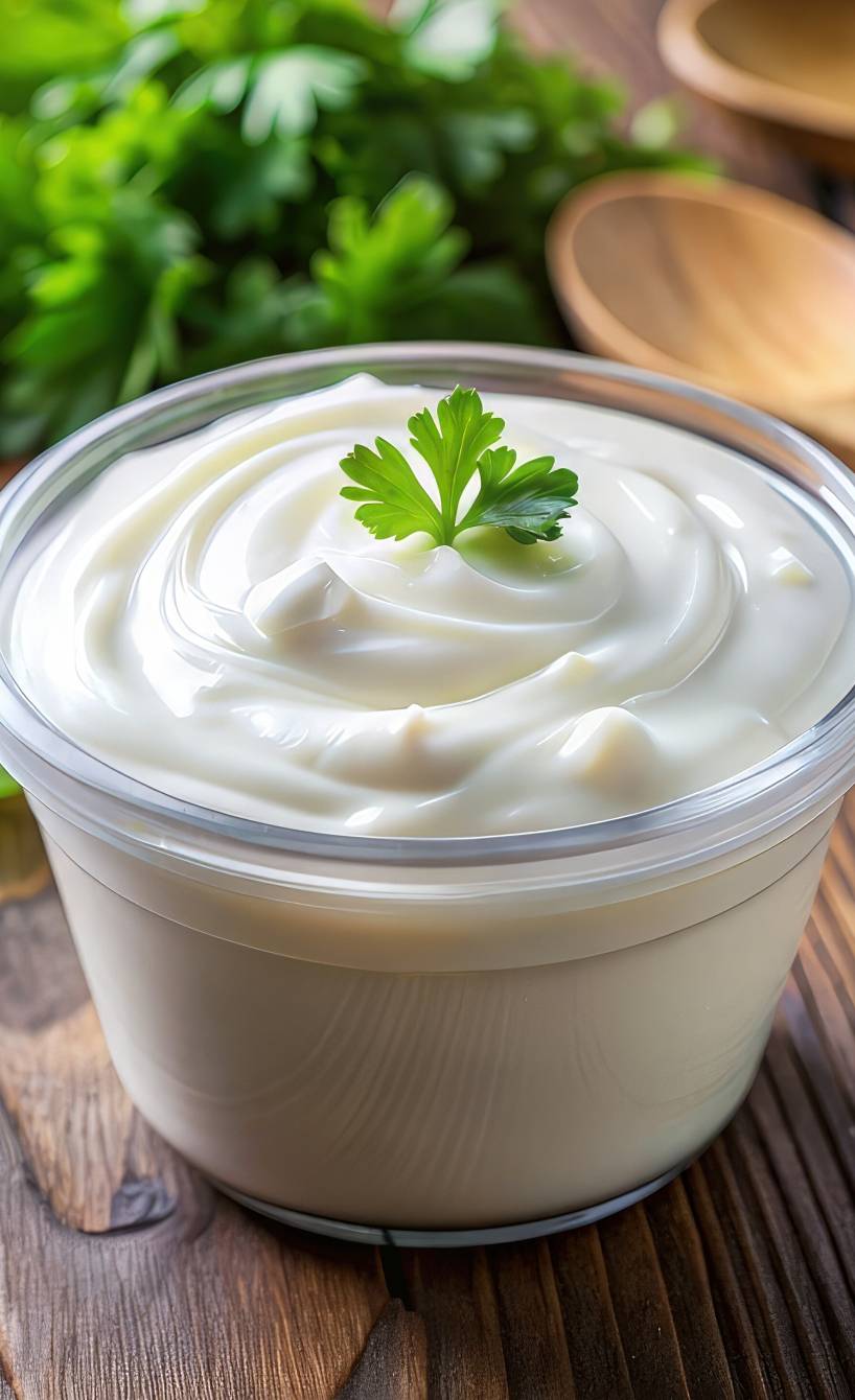 Veganer Ricotta in einem Schälchen auf einem Holztisch garniert mit frischer Petersilie