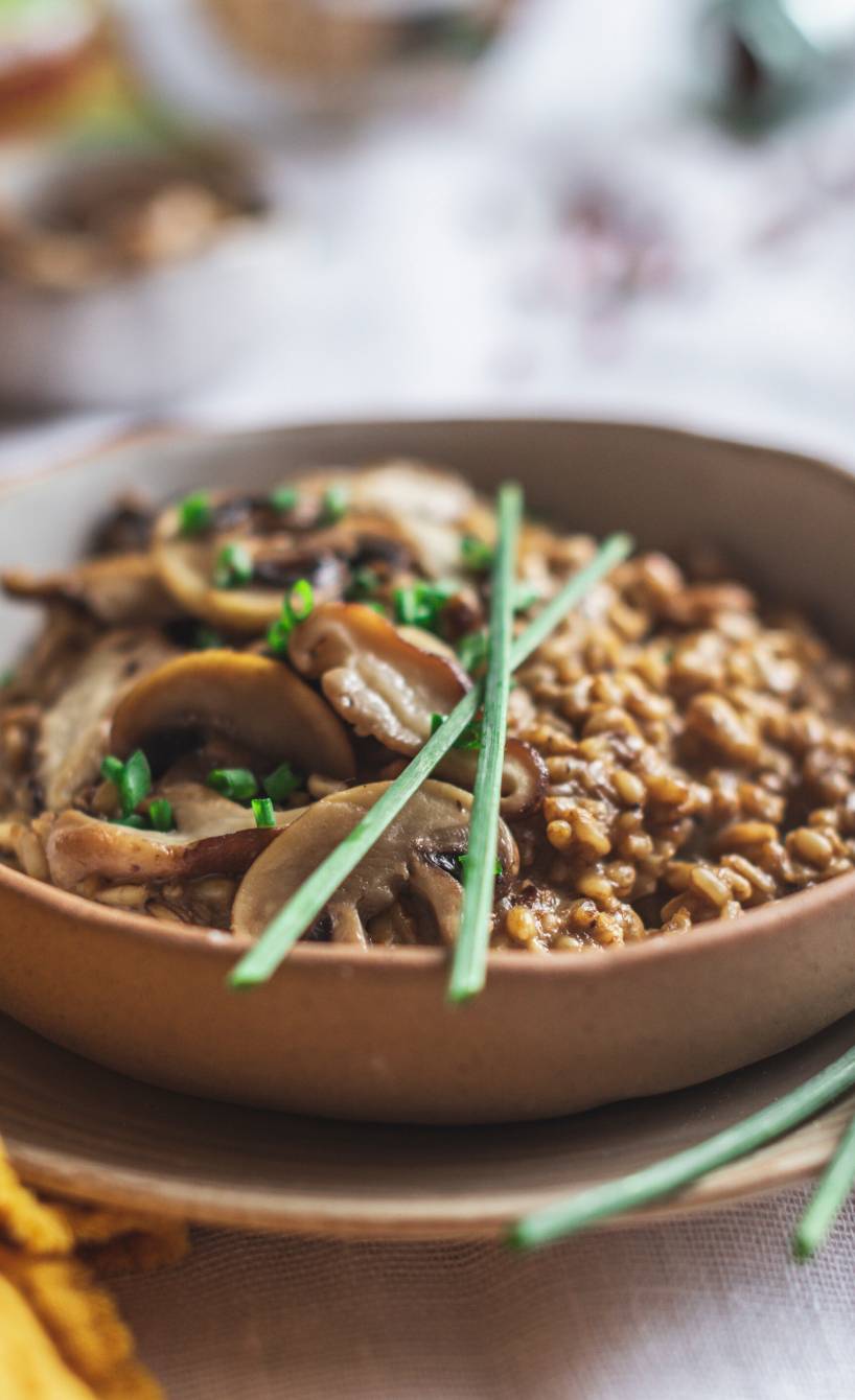 Veganes Hafer-Risotto mit Pilzen in einer Tonschale garniert mit frischen Kräutern