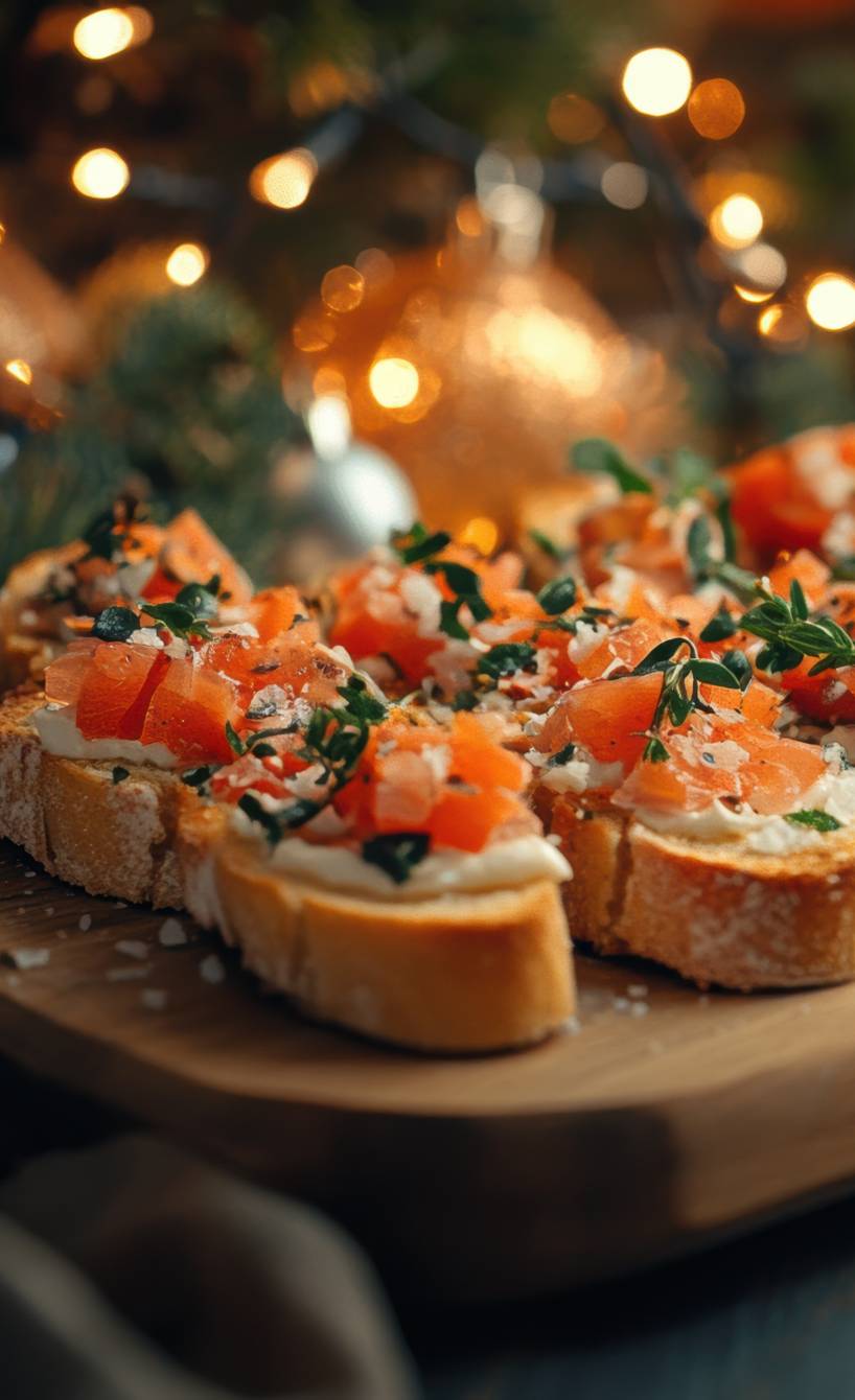 Bruschettaplatte auf einem weihnachtlich dekorierten Tisch