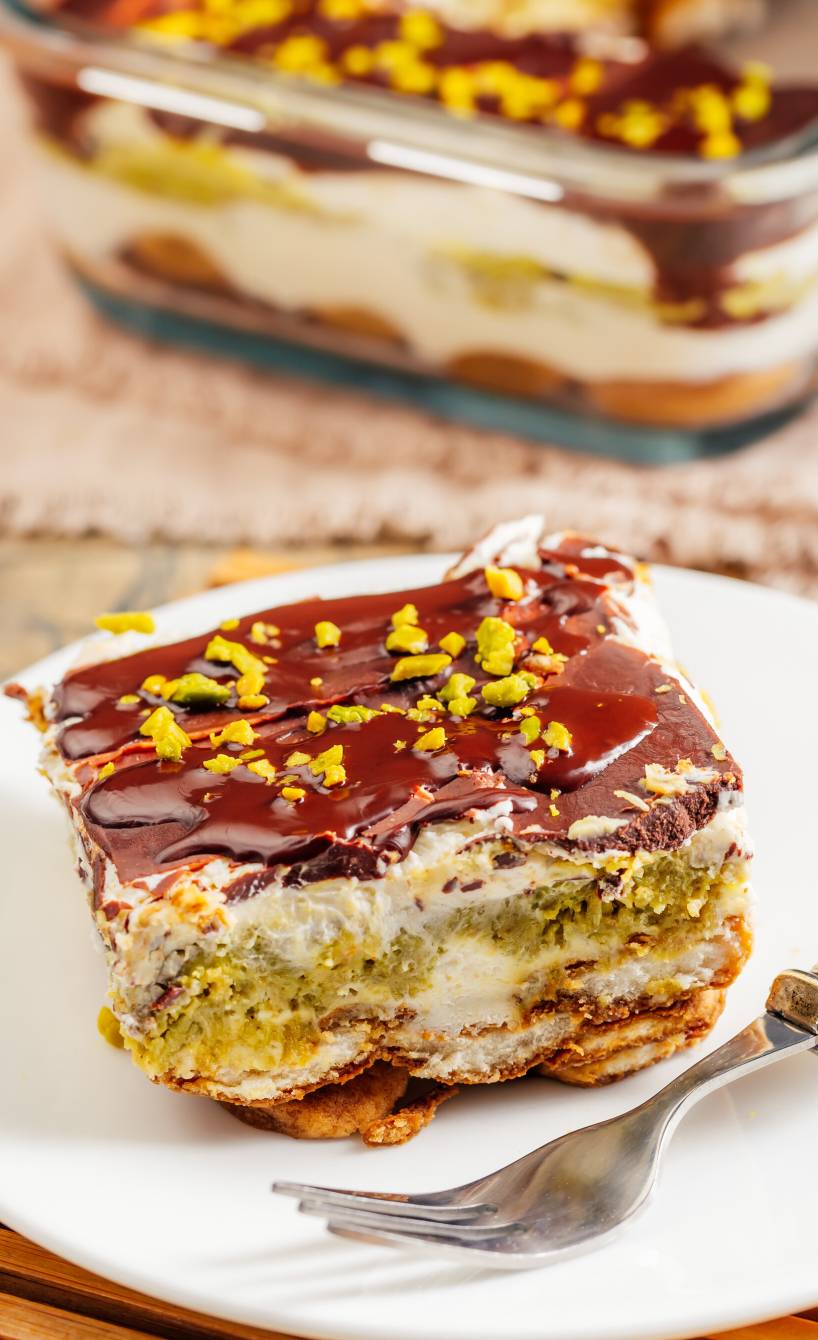 Ein Stück Dubai Schokolade Tiramisu auf einem Teller getoppt mit Pitazien, dahinter die Auflaufform mit dem Rest