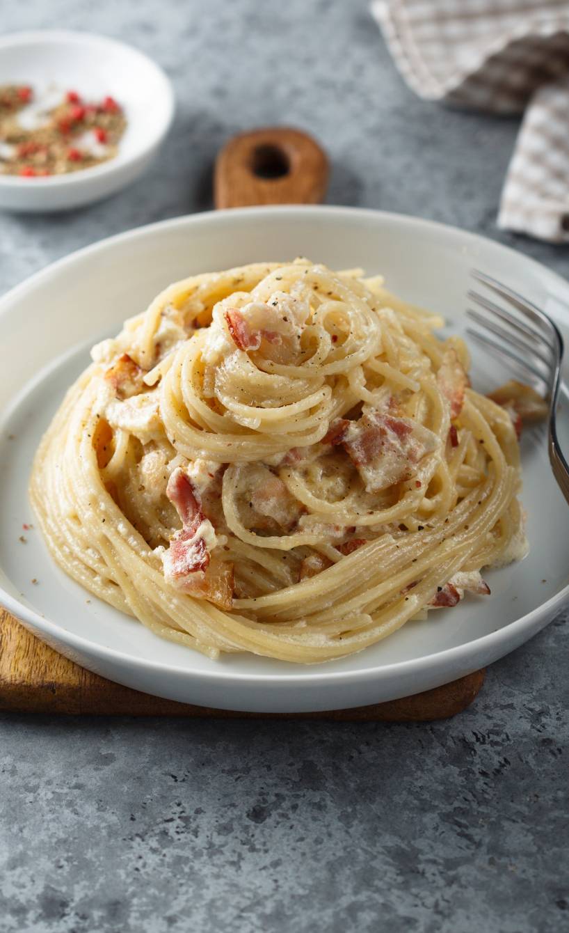 Spaghetti Carbonara als Türmchen auf einem weißen Teller, daneben Parmesan auf einem Tisch