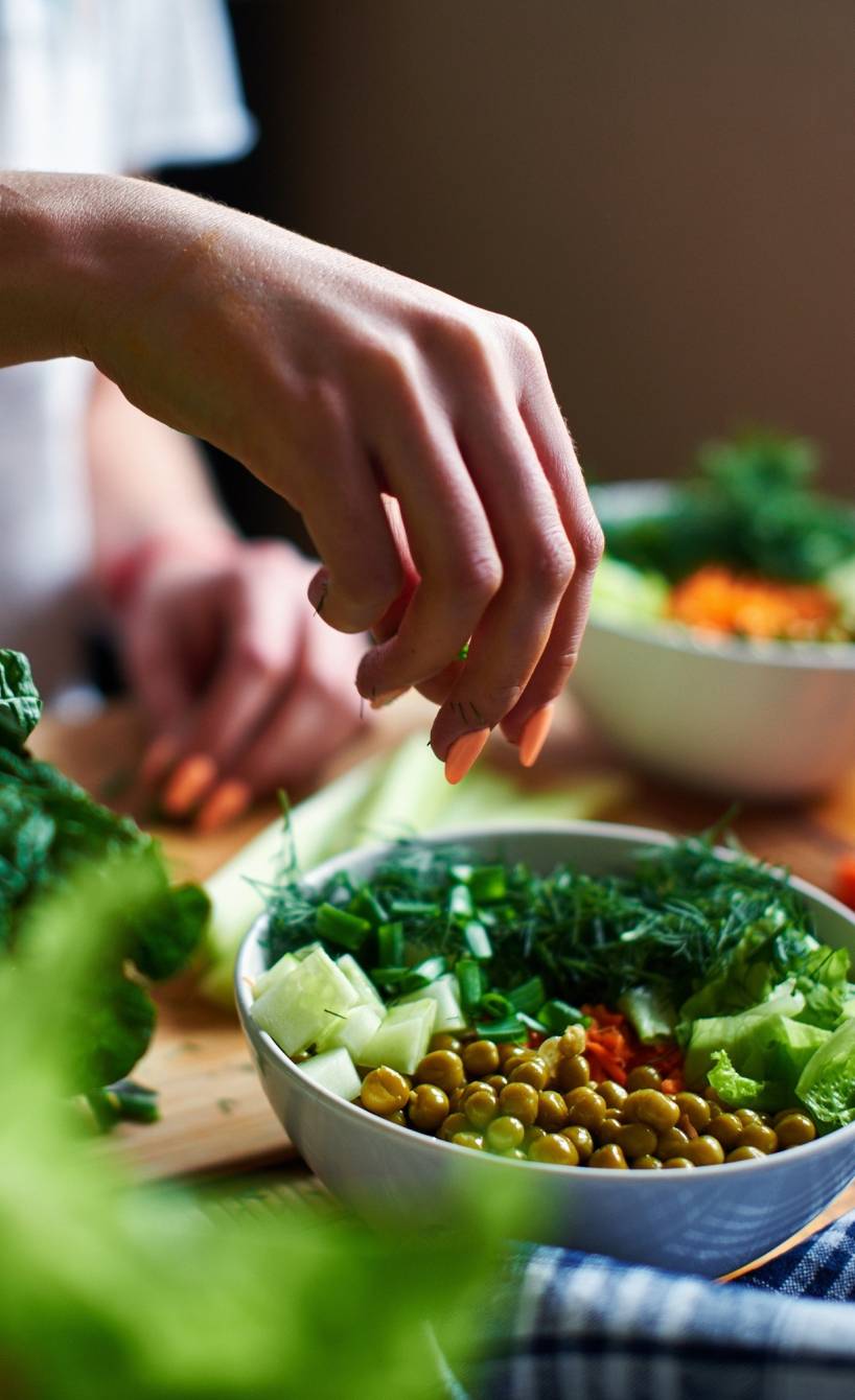 Eine Frau bereitet eine vegane italienische Bowl zu