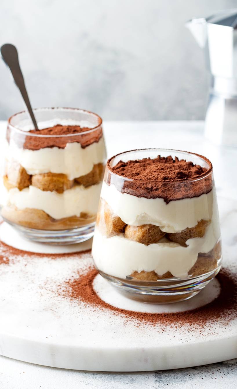 Zwei Gläser mit Tiramisu auf einer Marmorplatte bestäubt mit Kakaopulver, im Hintergrund eine Espressokanne
