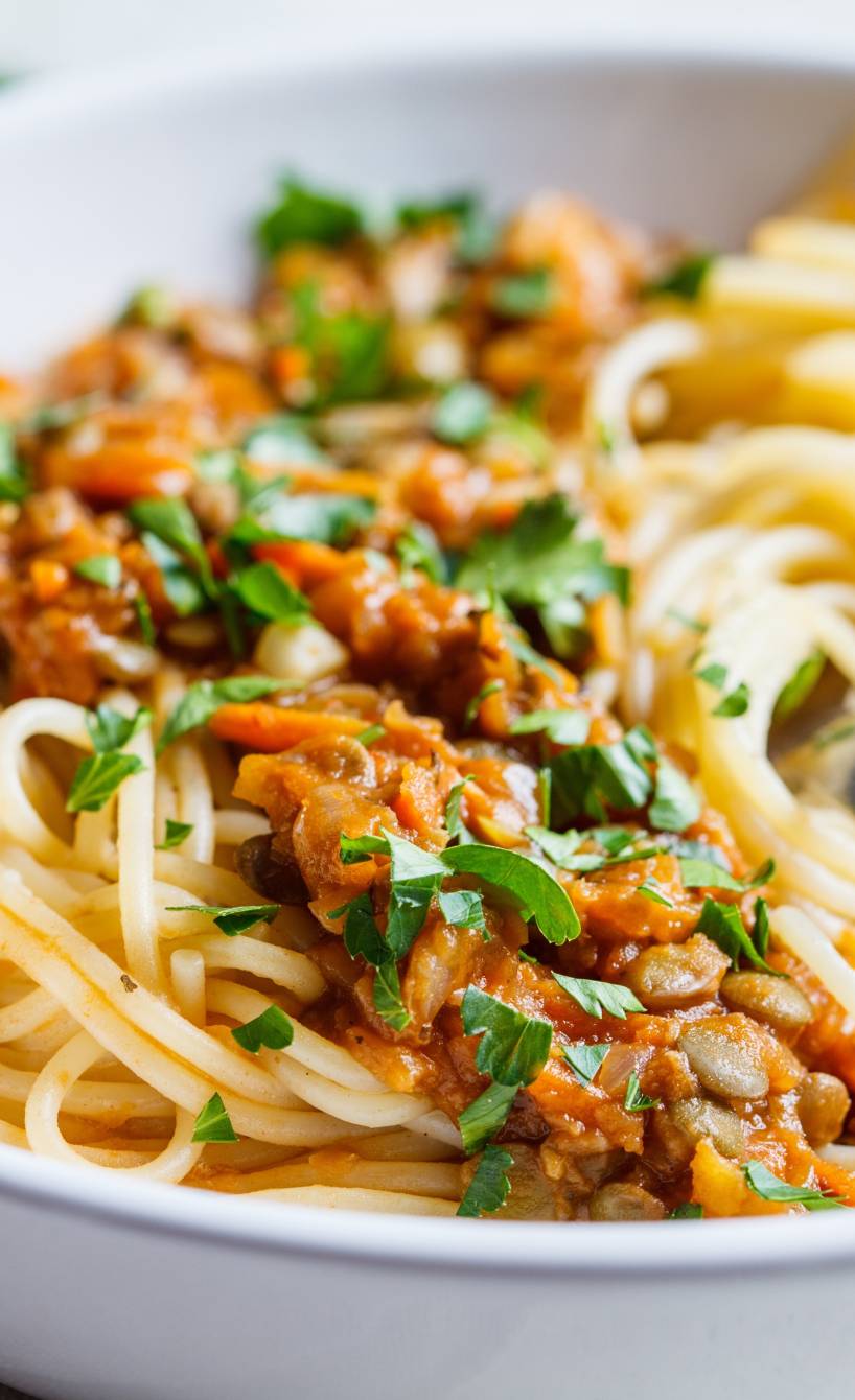 Vegane Spaghetti mit Linsenbolognese im close up in einem tiefen Teller