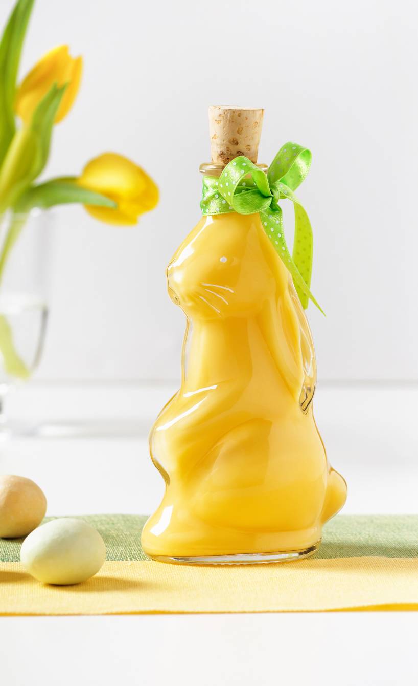 Selbst gemachter Eierlikör in einer Flasche in hasenform auf einem österlich dekorierten Tisch