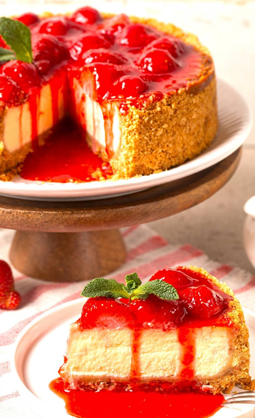 Erdbeer-Käsekuchen mit frischen Erdbeeren garniert angeschnitten auf einer Kuchenplatte, Erdbeersauce tropft hinunter