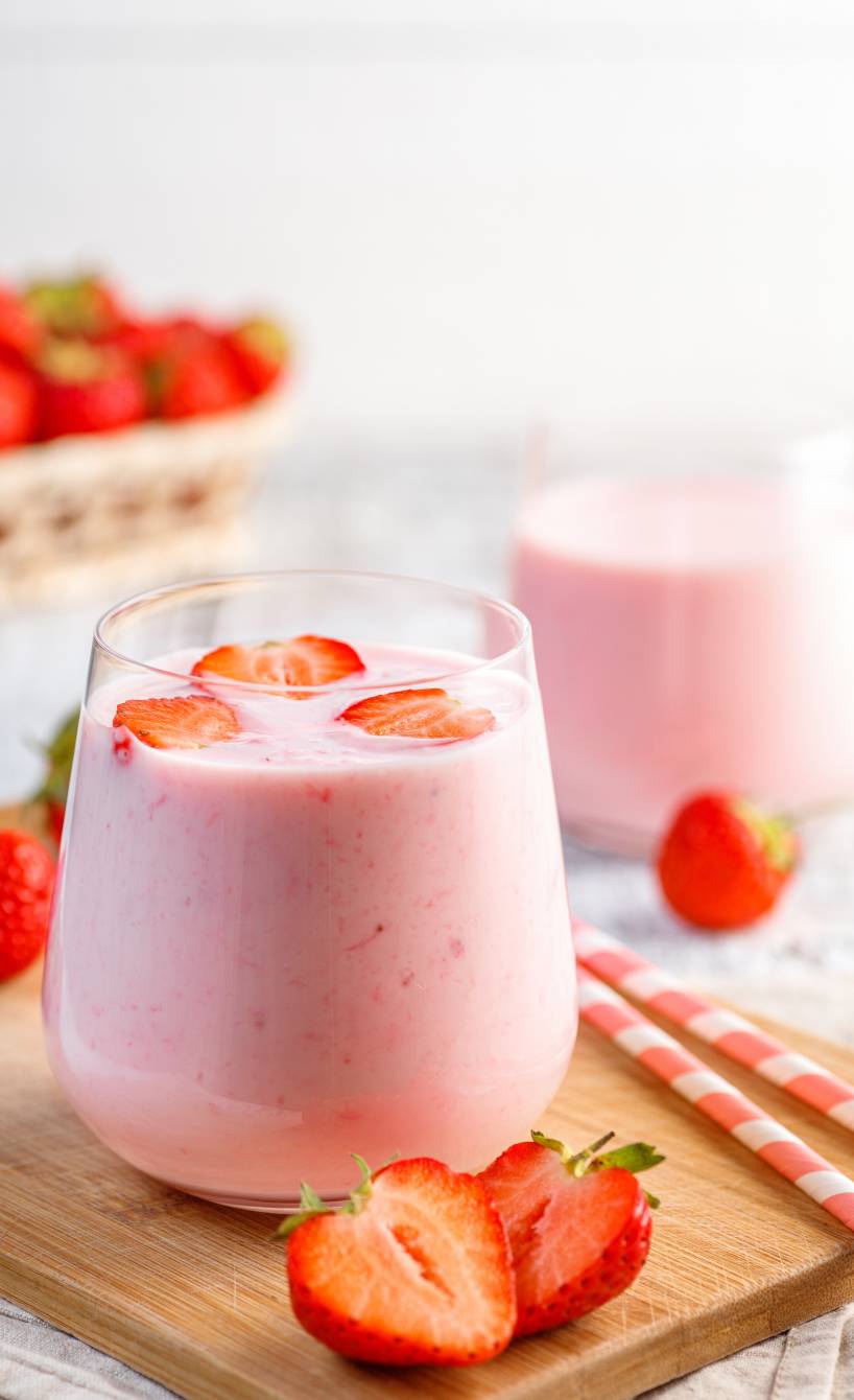 Erdbeer-Smoothie in zwei Gläser gefüllt und mit frischen Erdbeerstücken garniert auf einem Holzbrett