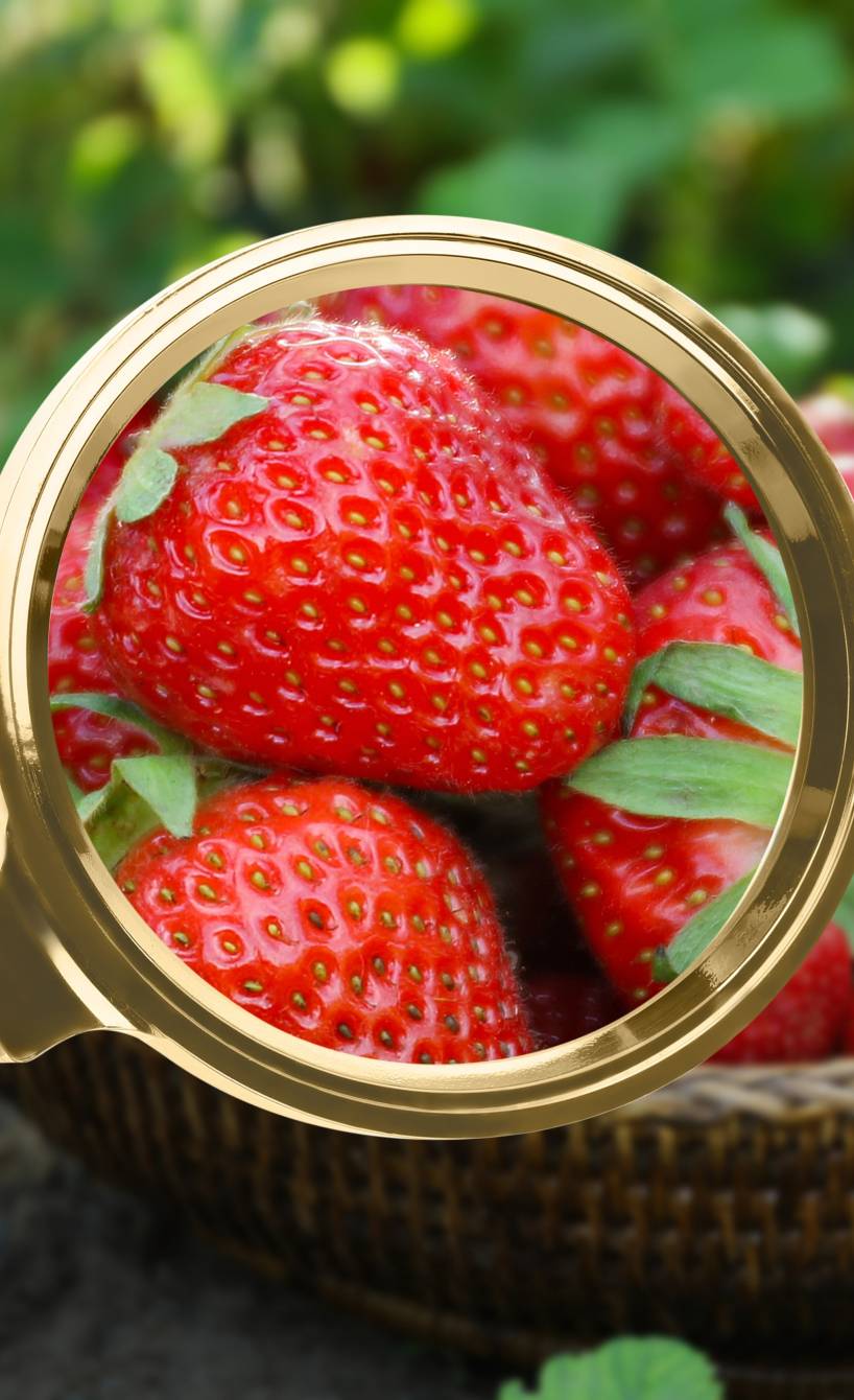 Jemand hält eine goldene Lupe vor einen Kor Ebrdbeeren 