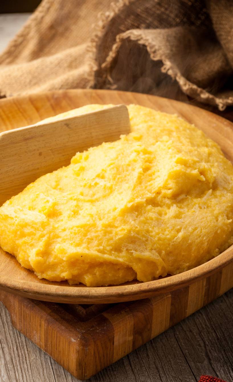 Gekochte Polenta nach Grundrezept in einer Holzschüssel
