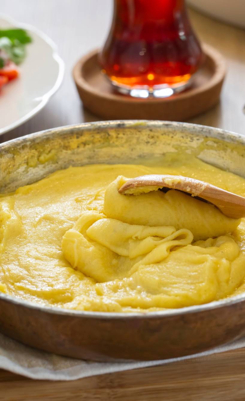 Frisch gekochte Polenta in einem Kupferkochtop auf einem Holztisch in Italien, dahinter ein Teller mit Oliven und Tomaten