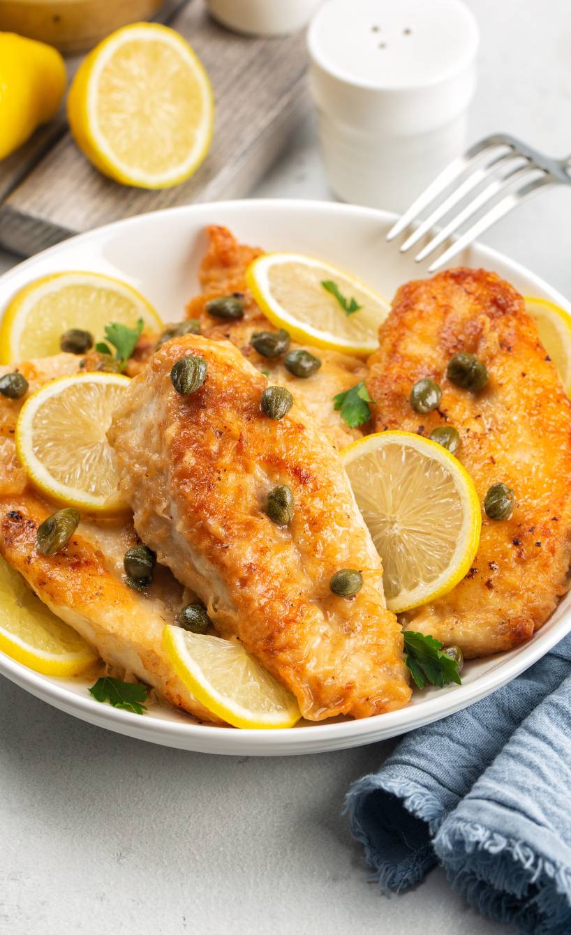 Putenbruststücke als Piccata alla milanese auf einem Teller übergossen mit Zitronen-Kapern-Sauce dekoriert mit Zitronenscheiben und frischer Petersilie