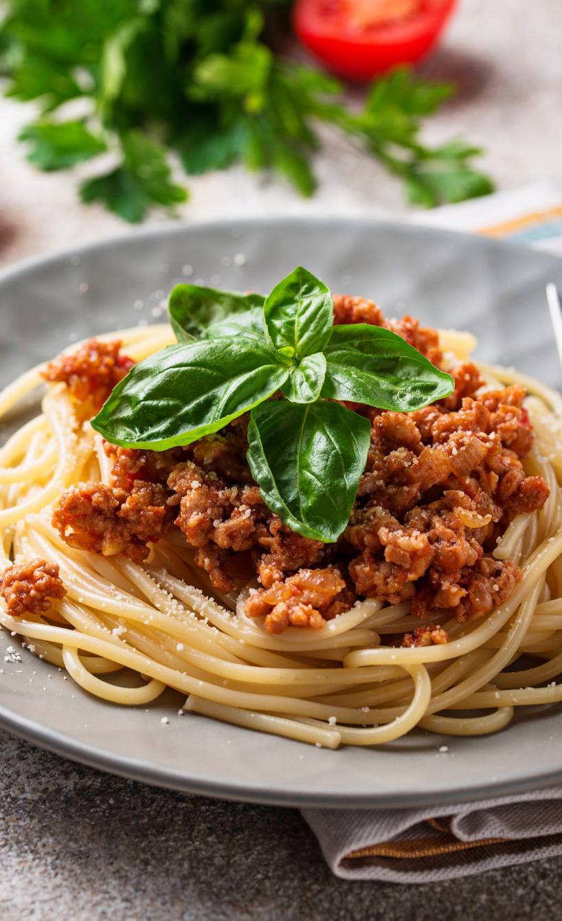Spaghetti mit Bolognese-Soße auf einem runder Teller getoppt von frischem Basilikum