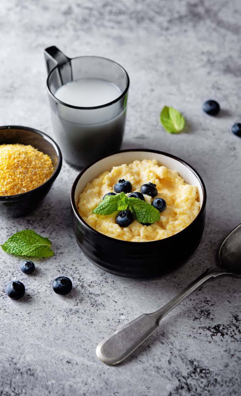 Süße Polenta in einer Schale getoppt mit Blaubeeren und Minze, daneben Maisgrieß
