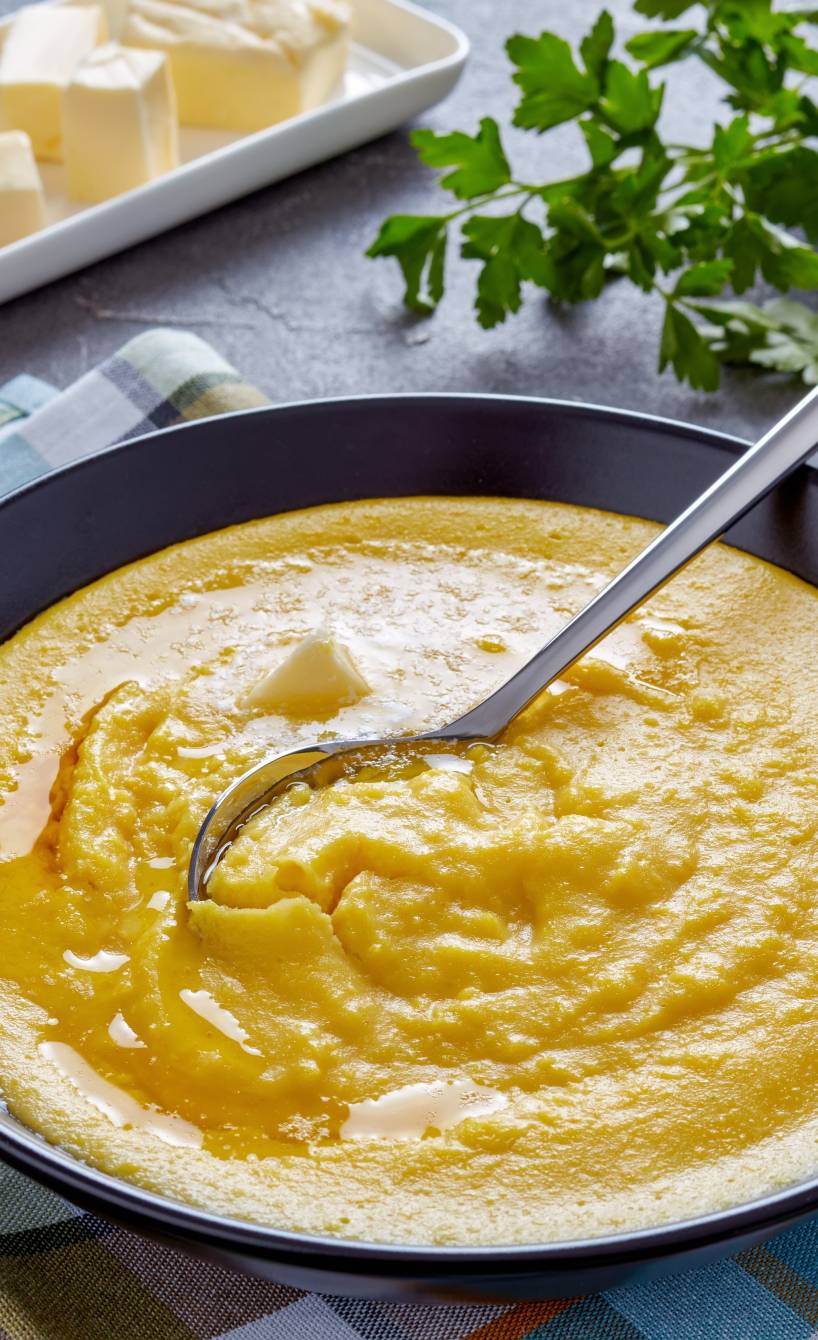 Portionierte Polenta in einem tiefen Teller, dahinter Butter, Salz und frische Kräuter auf einem Tisch