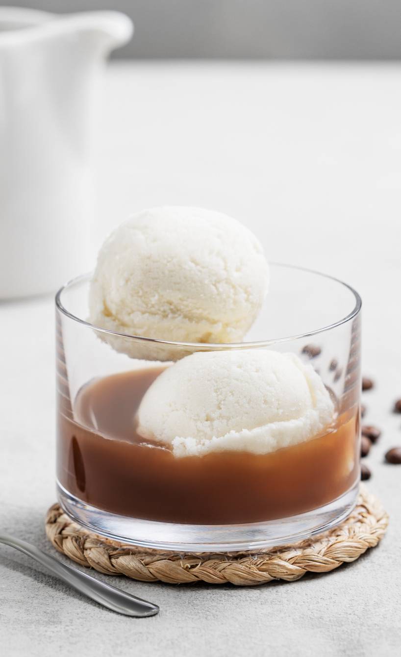 Affogato al Caffè: Eine Kugel Vanilleeis in einem Glas übergossen mit Espresso, dahinter ein Kännchen