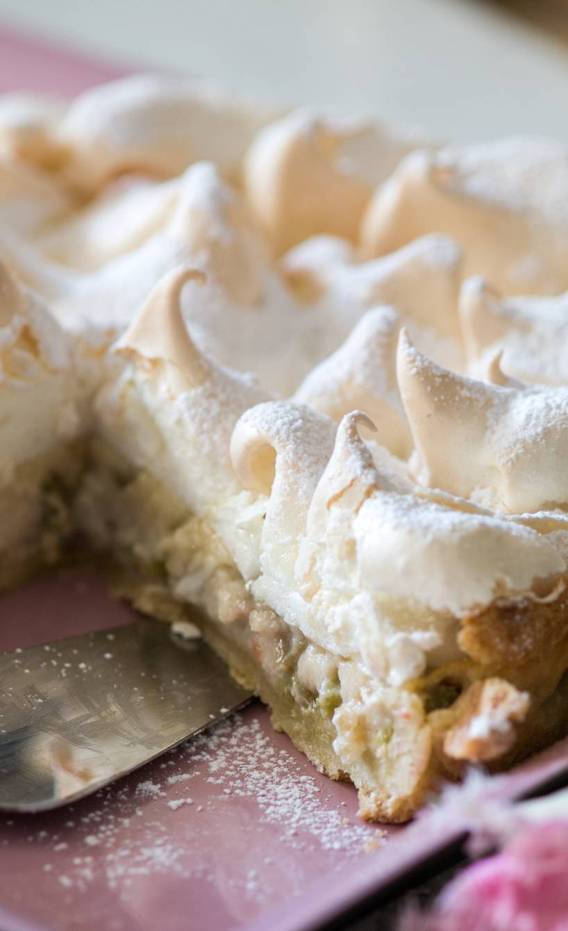 Runder Rhabarberkuchen mit Baiser angeschnitten auf einer Kuchenplatte, daneben eine rosefarbene Rose