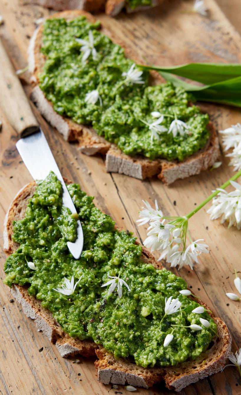 Drei Scheiben Brot mit selbstgemachtem Bärlauchaufstrich auf einem Holzbrett