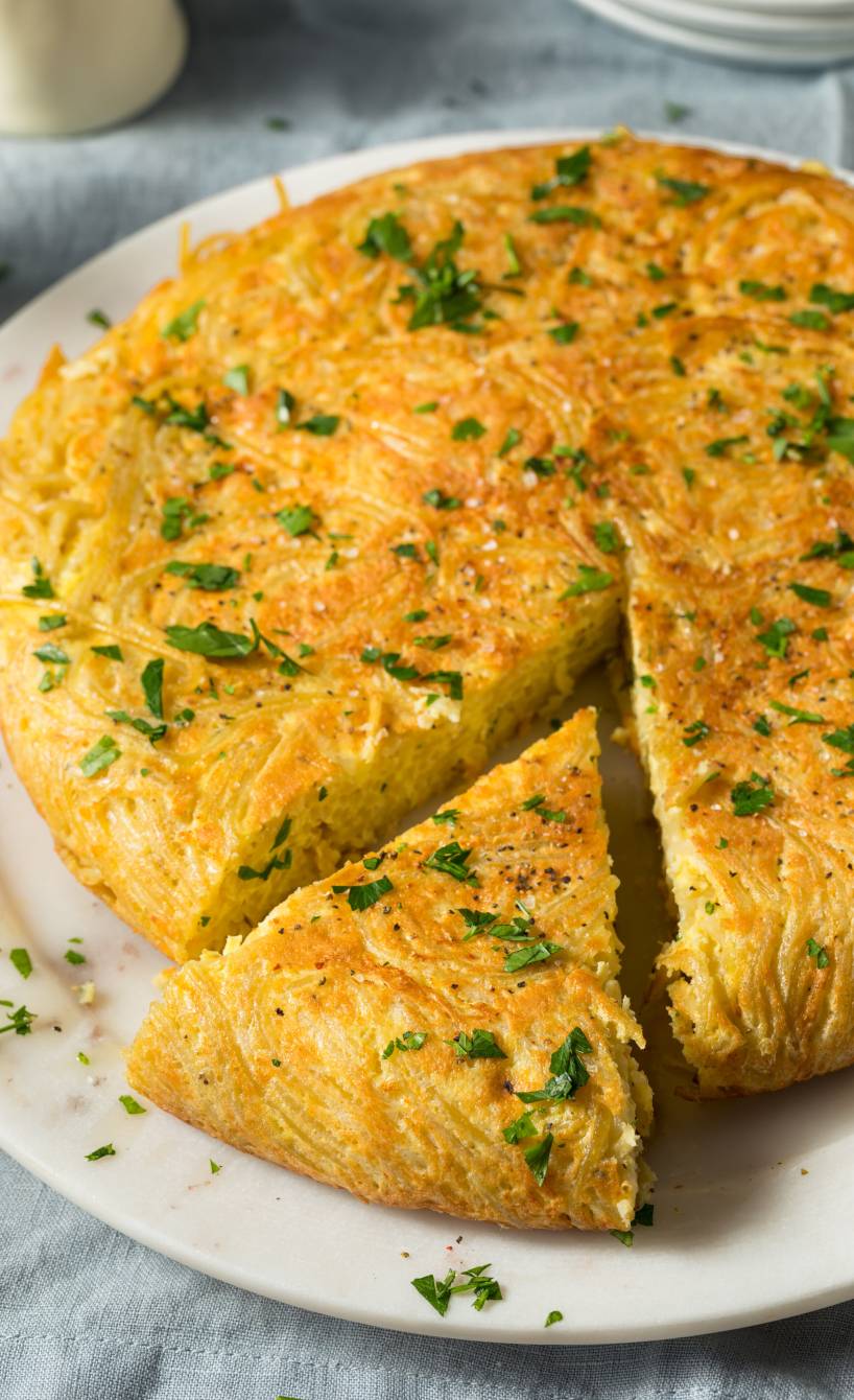 Frittata di pasta aus Spaghetti angeschnitten auf einem Teller bestreut mit frischer Petersilie