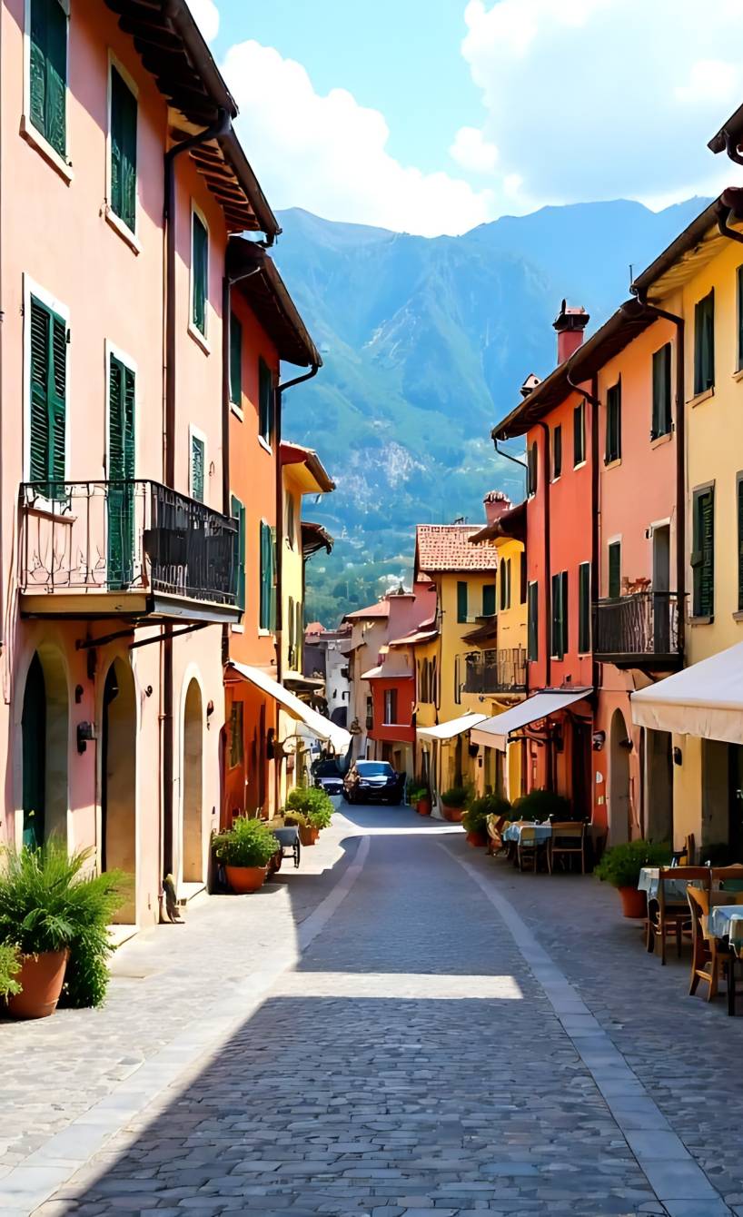 Blick in eine Gasse mit bunten Häusern in der Stadt Malcesine am Gardasee
