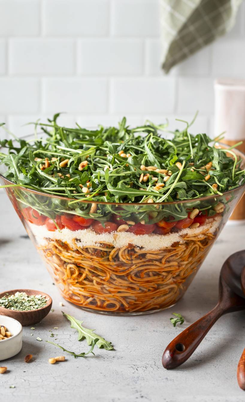 Schichtsalat in einer großen Salatschüssel mit Schichten aus Spaghetti, Mozzarella, Tomaten und Rucola, darauf Pinienkerne