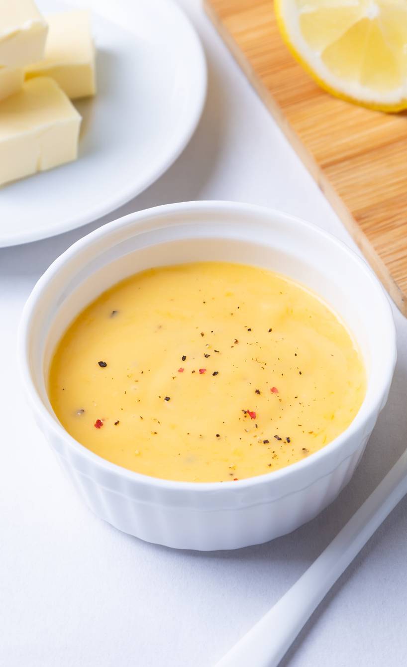 Selbst gemachte Sauce Hollandaise in einer kleinen Schale, daneben Eier, Butter und Zitrone auf einem Tisch