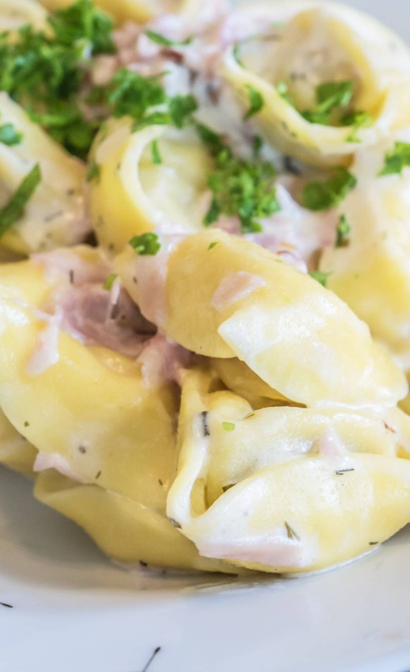 Tortellini alla panna mit Schinken-Sahne-Soße auf einem tiefen Teller im close up