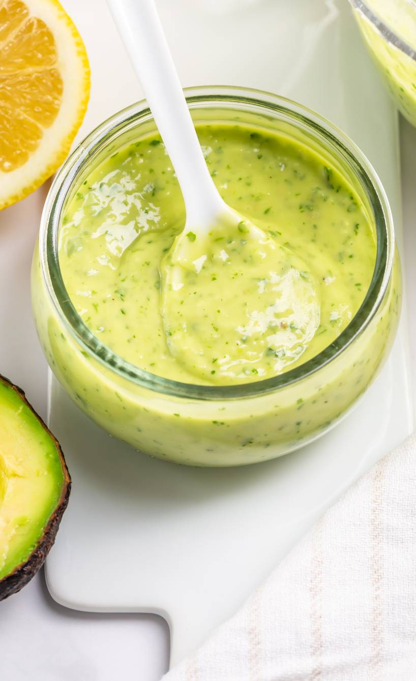 Selbst gemachtes Avocado-Pesto in einem Schälchen, daneben eine halbierte Avocado und eine Zitrone