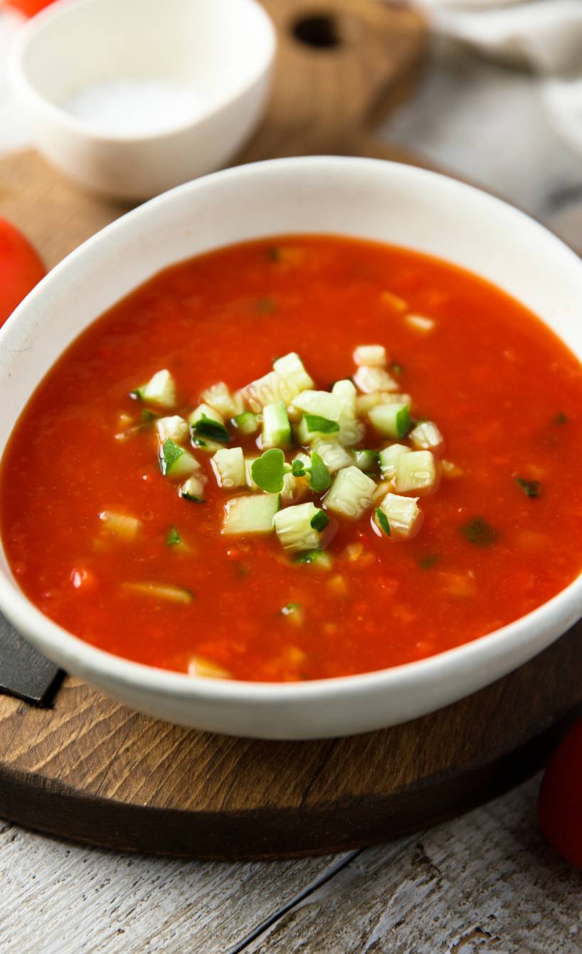 Selbst gemachte Gazpacho in einer Suppenschüssel getoppt mit Gurkenwürfeln