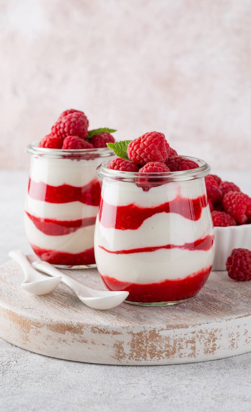 Joghurt-Panna cotta in zwei Gläsern geschichtet mit frischer Himbeersoße, getoppt von Beeren und Minze