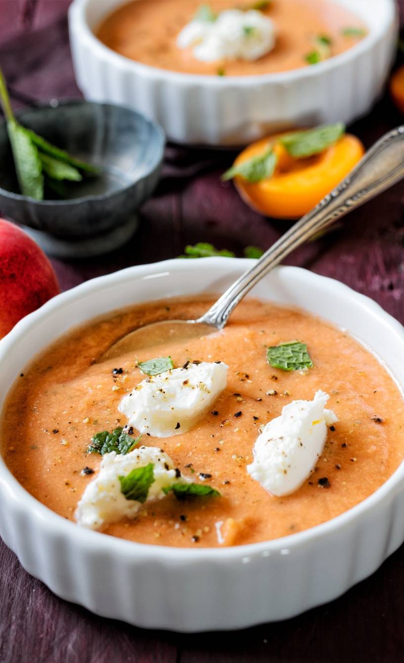 Kalte Aprikosen-Tomaten-Suppe in mehreren Tellern auf einem Tisch