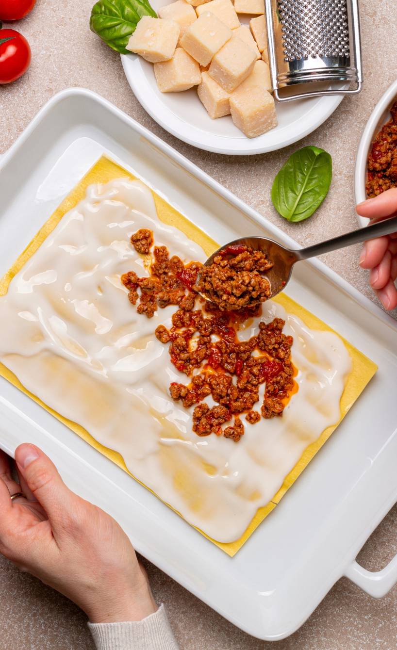 Blick von oben auf einen Tisch, auf dem gerade Lasagne zubereitet wird mit vielen Zutaten drumherum