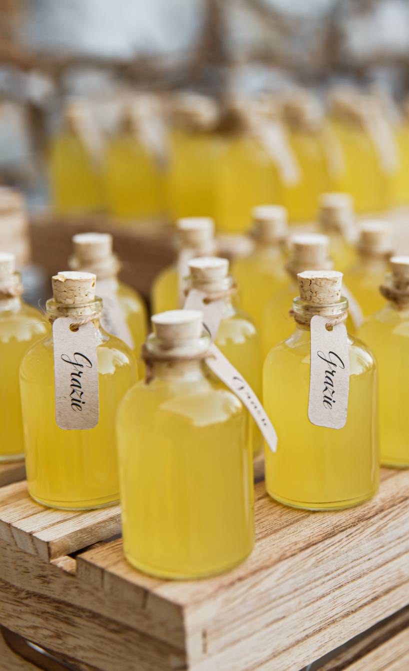 Limoncello in kleinen Flaschen auf einem Marktstand in Italien