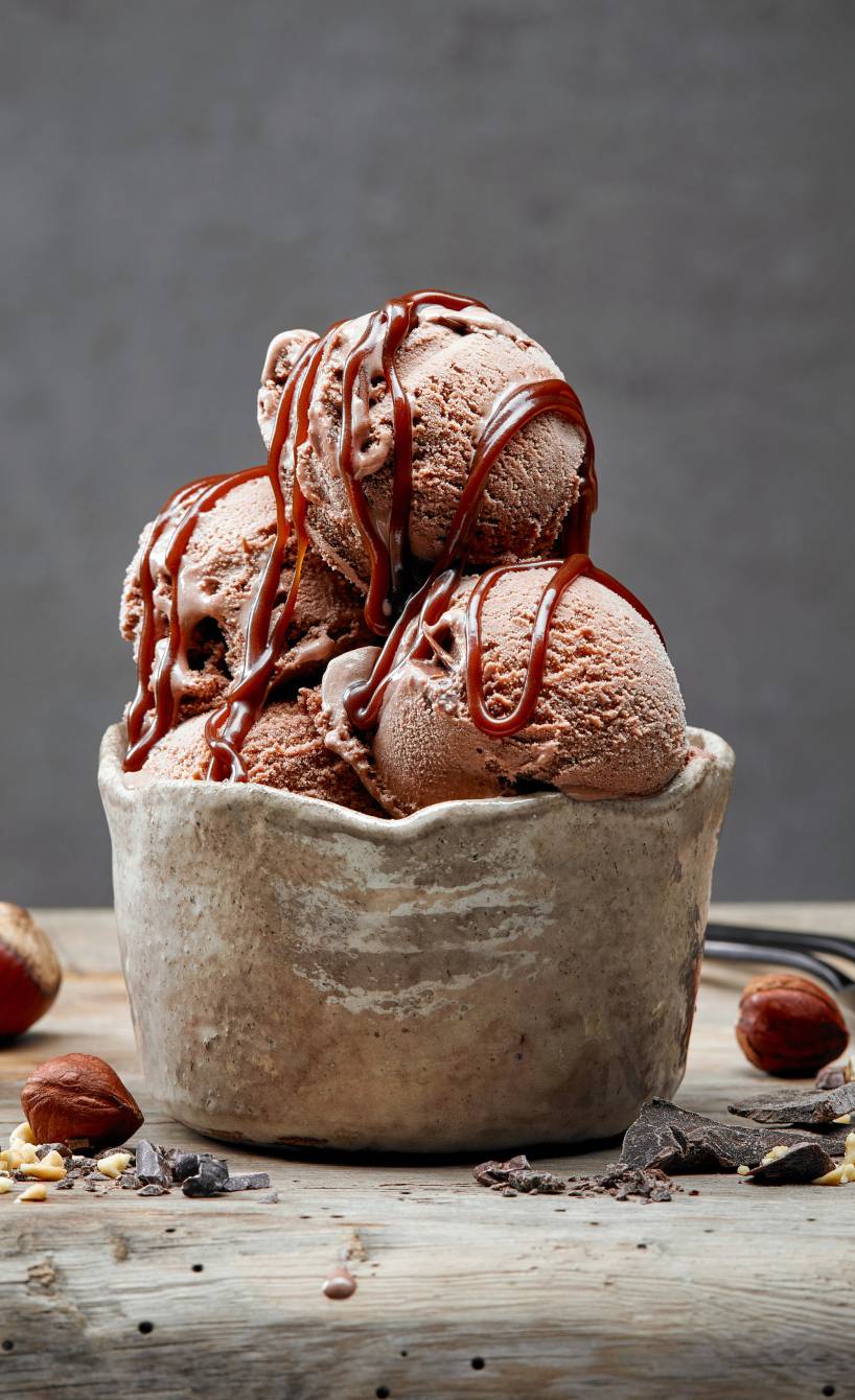 Selbst gemachtes Nutellaeis in Kugel in einer Eisschale getoppt von Schokoladensoße, daneben Haselnusskerne