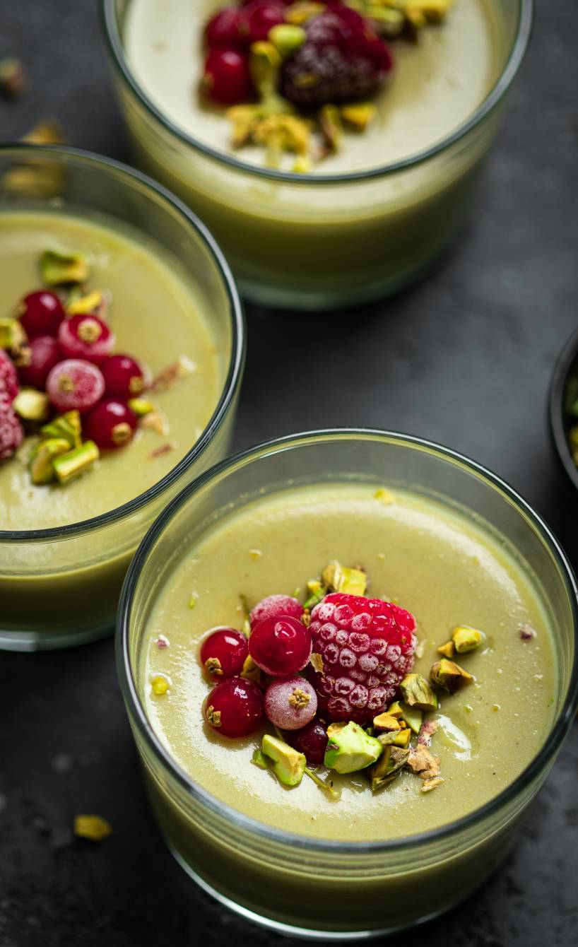 Pistazien-Panna Cotta in drei Gläsern getoppt von Pistazienkernen und Beeren auf einem Tisch von oben
