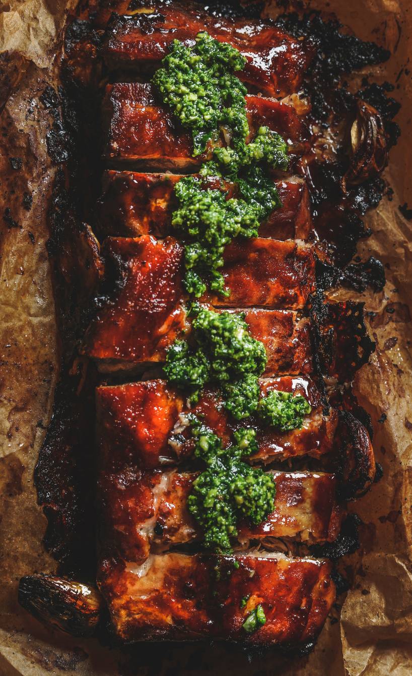 Ein Rack marinierte, gebackene Spareribs auf einem Backblech getoppt von grünem Pesto