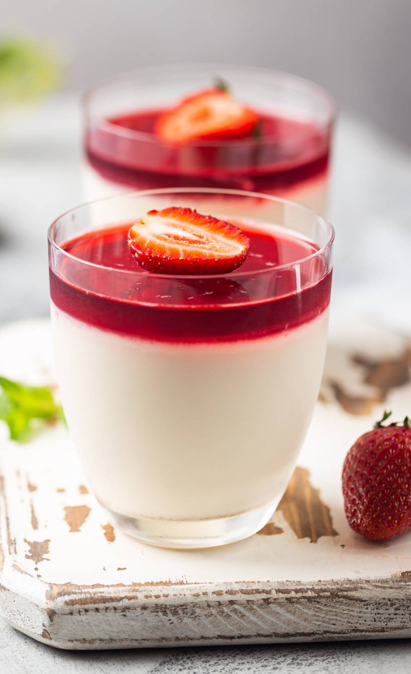 Vegane panna cotta in zwei Gläsern mit Erdbeerspiegel und Minze getoppt auf einem Holzbrett